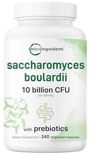 Micro Ingredients Saccharomyces Boulardii Probiotics 10 Billion CFU with Prebiotics 240 Vegetarian Capsules | 2-in-1 Probiotic & Prebiotic Blend | Added Inulin from Chicory Root | Non-GMO