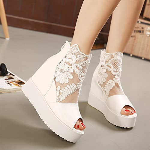 Comfortable Platform Sandal Sexy Open Toe Lace Mesh Booties Women's Fashionable Height Increasing Shoes Party Wedding Dress Shoes (Color : White, Shoe Size : 7)