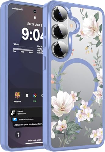 Image of VONZEE Compatible with Samsung Galaxy S26 5G Case Luxury Retro Flowers Floral Clear for Magnetic Wireless Charging Case Shockproof PC+TPU Cute Glossy Shiny Cover for Girls Women, Official Blue