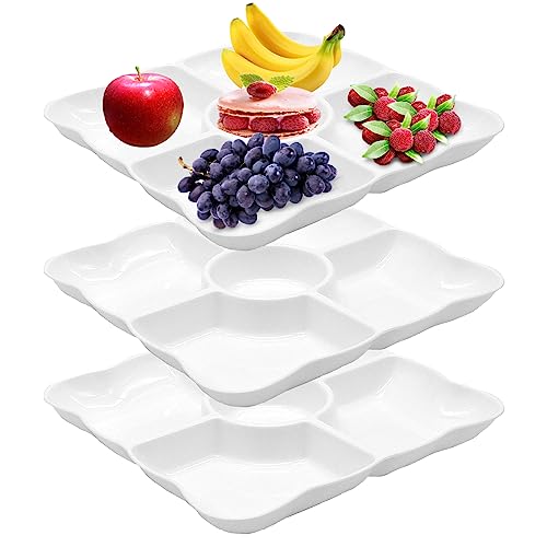 GYSRXS 3 Pezzi Piatto con Scomparti 5 Sezioni Vassoio Divisorio Per Snack Riutilizzabili Porta Snack Plastica per Feste Caramelle,Antipasti,Frutta Secca,Dessert(Bianco)