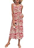 PLOKNRD Women's Summer Maxi Dress 2026 Sleeveless Button Down Casual Loose Beach Sundress Travel Vacation Outfits(Boho Red Floral,M)