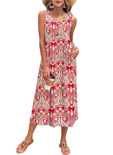 PLOKNRD Robe Longue Femme Été - Robe sans Manches Maxi Plage à Boutons avec Poches - Robe Décontractée Tank Top pour Vacances Bohème Fleurs Rouge L