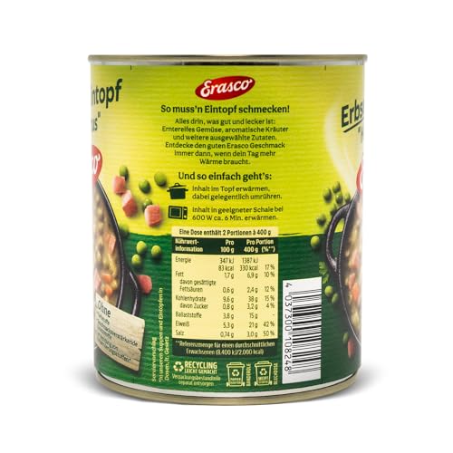 Erasco Erbsen-Eintopf "Hubertus" (1 x 800g), In rund 5 Minuten fertig – Mit saftigen Kasseler Würfeln – Knackige Erbsen geben den legendärer Erasco-Geschmack