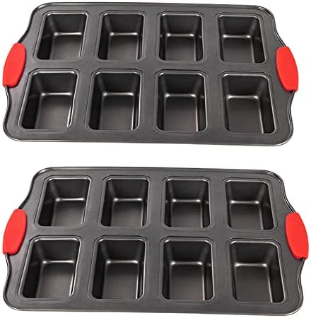 PLAZOTTA 2 Packs 8 Cavity Non-Stock Mini Loaf Pan with Silicone Handle, Mini Bread Loaf Baking Pan Mini Brownie Pan Cheesecake Pan Rectangular Bar