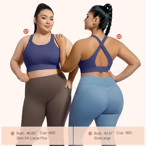 Image of High Impact Sports Bras for Women Adjustable Zip Front Plus Size Workout Bra Full Coverage Removable Padded Running