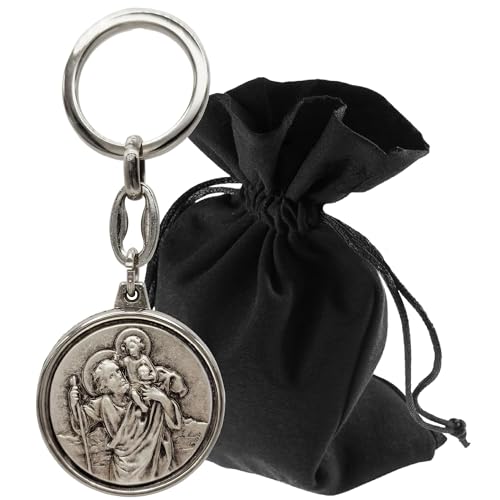 Lunexus Christopherus Porte-clés Ø 3,5 cm - Saint Christophe ange gardien pour voiture et moto - Béni - saint patron automobiliste - Porte-bonheur - Porte-clés pèlerin, argenté, 9,5 cm