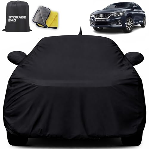 Image of for Maruti Baleno Car Cover for All Weather Protection with 100% Waterproof, Mirror Pockets, Soft Lining, Triple Stitched, Adjustable Belt and Bottom Elastic to Secure Fit (Royal Black)