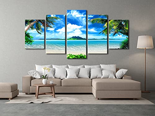 Pyradecor Modern 5 Piece Framed Giclee Canvas Prints Artwork Contemporary Landscape Blue Sea Beach Pictures Paintings on Canvas Wall Art for Living Room Home Decorations Extra Large by Pyradecor - Image 4