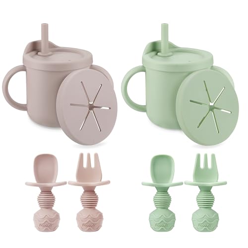 Image of PandaEar 2 Pack Silicone Baby Straw & Snack Cup with 2 Spoons 2 Forks, Dual-Purpose Toddler Training Cups, Pink Green
