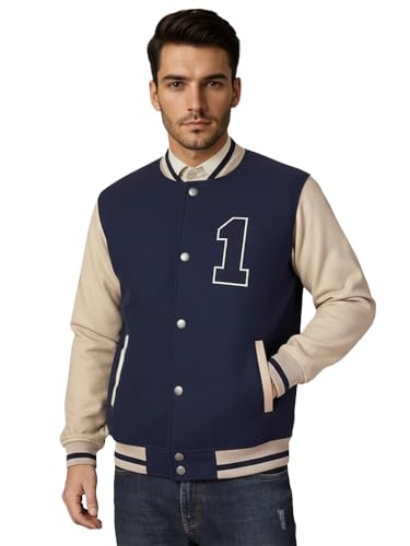 Image of CHKOKKO Men's Regular Varsity Jacket with Snap Button Closure and Patch Design Trendy Comfortable Outerwear for College Travel and Casual Wear