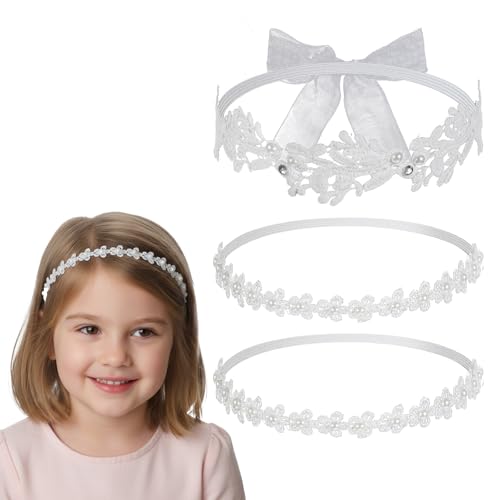 KFHENSOMR 3 Stück Weiß Baby Haarband Mädchen Stirnband Baby Mädchen mit Weiß Blumenmuster Nylon Weiches Elastisches Stirnband für Neugeborene und Kleinkinder Perfekt für Taufe Fotoshooting und Alltag