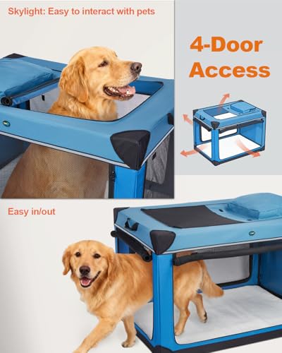 Ownpets 122 cm XXL Klappbarer Hundekäfig für Große Hunde, Tragbarer Reisehundekäfig, 4-Türiger Faltenbarer Haustierkäfig mit Robusten Netzfenstern und Weicher Matte, Blau
