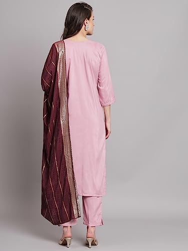 Image of VredeVogel Women Cotton Slub Straight Kurta Set With Pant and Net Embroidery Dupatta