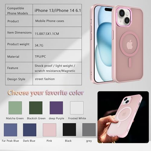 Image of Magnetic iPhone 14 /13 case,Compatible with Magsafe, Military-Grade Protection,Slim Translucent Matte Shockproof with Anti-Scratch Anti-Fingerprint Phone Cover (Pink, iPhone 14 /13)