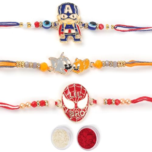 KSJONE Set of 3 Three Assorted Design Rakhi for Brother Raksha Bandhan Fancy Rakhi for Bhaiya/Bhabhi/Siblings Rakshabandhan Special Rakhi for Love One