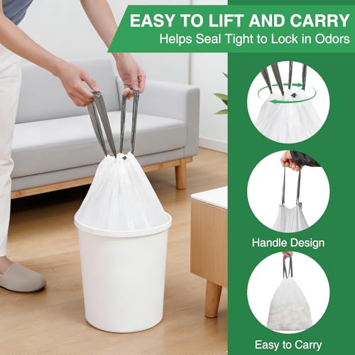 Image of 200 Counts 1.2 Gallon Trash Bag Drawstring Small Trash Bags, Thick Pre-separated Garbage Bags, Trash Bin Liners, Suitable for bathroom, kitchen, bedroom, office (White)