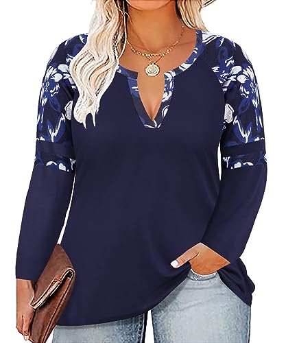 Image of CARCOS Plus Size Tops for Women Long Sleeve Fall Tunic Color Block Camo /Plaid /Leopard /Fall Blouse Crewneck Tshirt XL-5XL