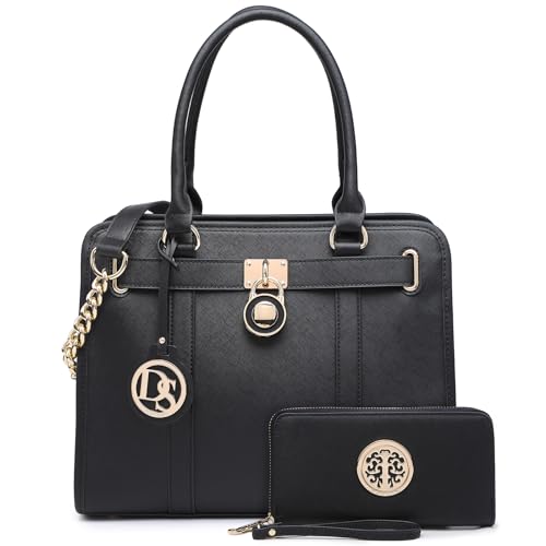 Image of Dasein Women's Designer Satchel Handbag Two Toned Padlock Purse Top Handle Shoulder Bag w /Chain Strap