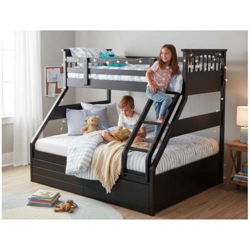 Image of APRODZ Haven Queen Size Solid Wood Bunk Bed with 2 Drawer Storage | Wooden Twin Over Bed with Ladder for Kids' Room Bedroom Living Room Home (Black Finish)