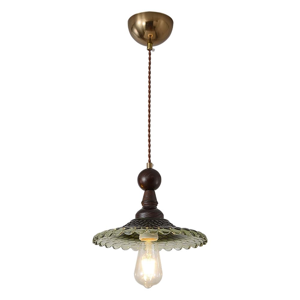 HUAYUSEDF Vintage Bedroom Green Glass Pendant Light Fixture Antique Wood Farmhouse Hanging Lamp Mid Century Modern Nordic Kitchen Island Chandelier for Living Room Dining Bedside Table