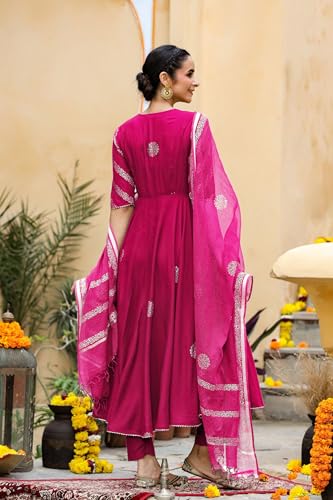 Image of GoSriKi Women's Cotton Blend Printed Anarkali Kurta with Pant & Dupatta | Ethnic Wear for Women | Indian Casual Office Daily Summer Outfit