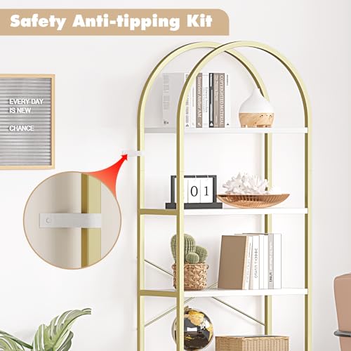 GAOMON Arched Bookshelf 5 Tier Bookcase 70.87in Tall Display Racks Modern Standing Bookshelves Metal Book Shelf for Bedroom, Living Room, Home Office