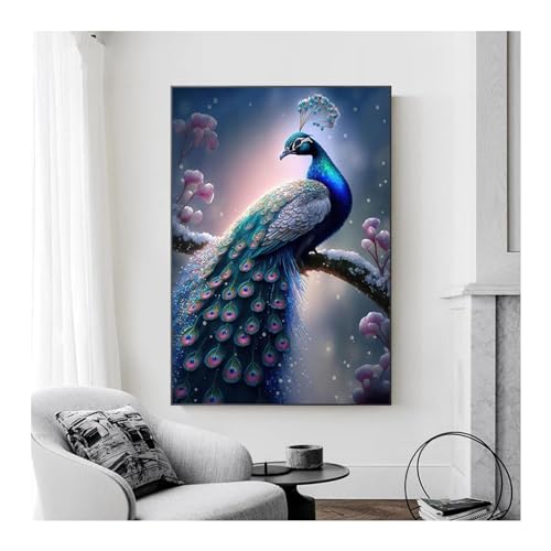 Peinture paon sur toile animalière JGGXHM colorée format 20x35 cm avec cadre interne