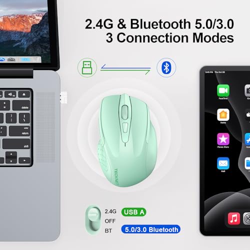 Image of TECKNET Wireless Mouse, BT 5.0 /2.4G, Rechargeable 6-DPI Silent, Green | Bluetooth 5.0 /3.0 & USB A, 2-Device Easy Switch, Wide OS Compatible, 6 Buttons, 6-DPI up to 4800, Ergonomic for S to M Hands