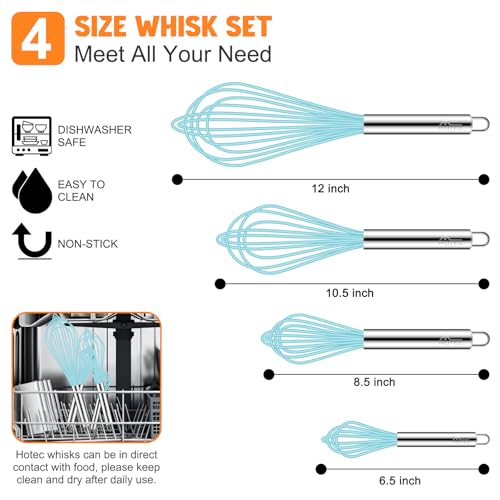 Image of HOTEC 4 Pieces Silicone Whisks Set, Wire Balloon Whisks for cooking Egg Beater, Non-slip Handle Whisk for Non-stick Cookware Perfect for Cooking, Stirring, Beating and Blending,Blue