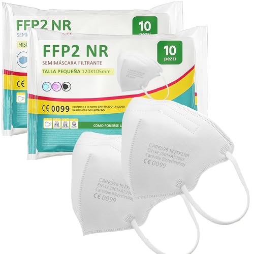 general merchandising 20 Mascarillas FFP2 NR Blancas - Talla Pequeña - Alta Filtración y Protección Respiratoria - Pack de 2 Bolsas de 10 Unidades - Certificación CE