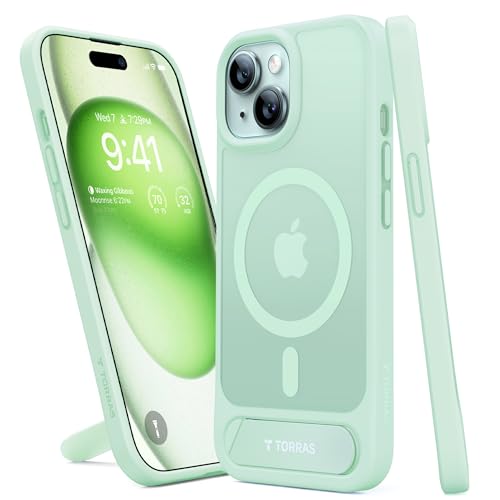 TORRAS for iPhone 15 Case Translucent Green | Strong Magnetic & Seamless Stand, Fit for MagSafe, Military-Grade Drop Protection, Sturdy Adjustable Built-in Kickstand, Slim Matte Finish Light