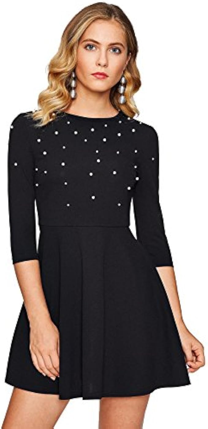 Floerns Women's Pearls Round Neck 3/4 Sleeves Flare Swing Short Dress