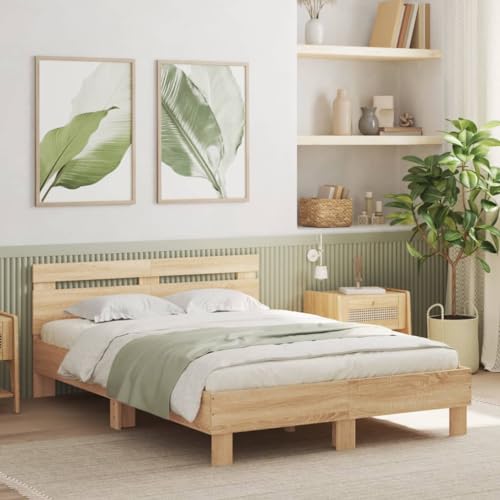 Brokky Cama 135x190 con cabecero y Luces LED Somier 135x190 Cama Matrimonio con somier y Base Cama Juvenil-Roble Sonoma-135 x 190 cm