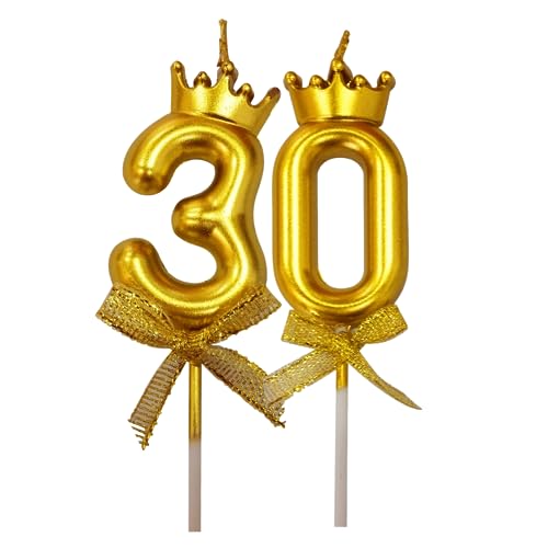 Image of 2 Pc 30 Number Candle for Birthday Cake Metallic 30th Birthday Cake Decoration Thirty Candle with Crown on Top Cake Topper 0-9 Number Candles for Anniversary (Pack of 2, Gold)