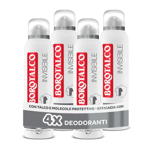 Borotalco, Deodorante Spray Invisibile Grigio, con Talco Effetto Barriera, Cattura e Non Trasferisce Aloni, 48h efficacia, Senza Alcool,Profumo Classico - 4 Pezzi da 150 ml - Esclusiva Amazon