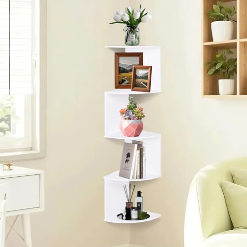 powerking Estante esquinero de montaje en pared, estantería esquinera blanca de 5 niveles, estantes flotantes, organizador de almacenamiento para sala de estar, dormitorio, baño, hogar, oficina