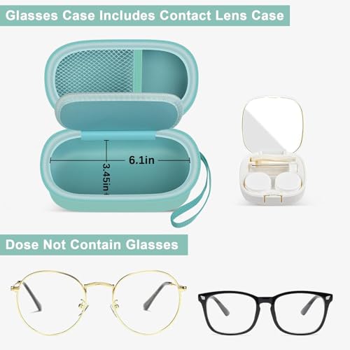 Image of Portable 2 in 1 Contact Lens Case and Glasses Case, Traveling Contact Cases Bag Box Holder with Soak Storage Kit Included Built-in Mirror, Tweezer, Contact Lens Solution Bottle and Hand Strap-Green