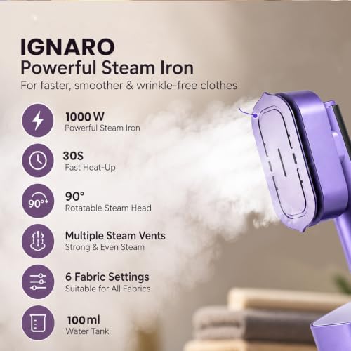 IGNARO Handheld Garment Steamer for Clothes | 1000W | 30 Sec Fast Heat | 6 Steam Modes | Travel Iron | Wrinkle Remover | Auto Cleaning | Horizontal & Vertical Steaming | 1 Year Warranty - Image 3