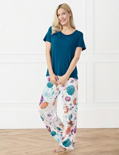 Image of GYS Bamboo-derived Viscose Women's Pajamas Set Short Sleeve Top With Pants 2-Piece Sleep Set