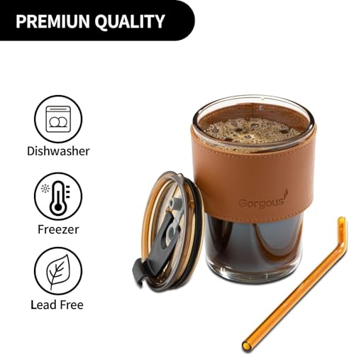 Image of 400ml Brown Glass Sipper Bottle with Lid & Straw | Stylish Reusable Glass Bottle for Juice, Coffee, Smoothies, Milk | Eco-Friendly, Leakproof Drinkware for Kids & Adults | Travel-Friendly