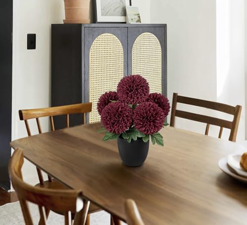 Image of Briful Burgundy Artificial Mums - Realistic Silk Fall Chrysanthemums in Black Pot, Faux Potted Flowers for Home, Table Centerpiece, Porch, Indoor & Outdoor Autumn Decor