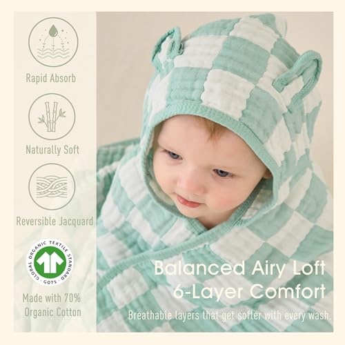 Image of Ultra-Soft Muslin Toddler Hooded Towel - 55 x 28 Inches, Ideal for Bath & Beach, Suitable for Both Boys & Girls from Newborns to Toddlers Green Check