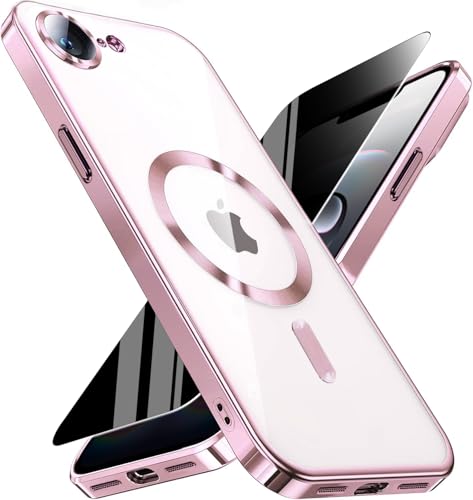 Image of Magnetic for iPhone 17e /16e Case with Privacy Screen Protector & Full Camera Cover,[Non-Yellowing] Plating Glossy Soft Shockproof Clear Phone Case with MagSafe Women Girls for iphone 16 e / 17 e,Pink
