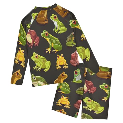 Frogs Print Boys Swimsuit Rash Guard Toddler Kids Long Sleeve Swim Shirt and Trunks Swimwear Set 3-10Y2