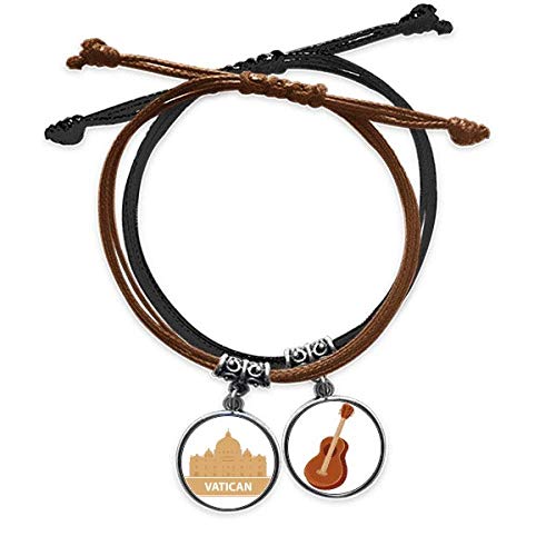 Pulsera de cuerda vaticano amarillo con cuero y amuleto de guitarra