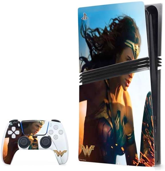 Skinit Decal Gaming Skin Compatible with PS5 Pro Bundle - Officially Licensed DC Comics Wonder Woman Battle Ready Poster Design