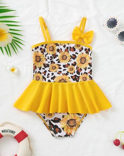 Image of Toddler Girl Swimsuit Baby Girl Bathing Suit Long Sleeve Floral Zipper One-Piece Rash Guard Swimsuit with Hat