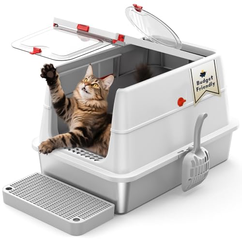 Stainless Steel XL Grey Cat Litter Box with High Sides and 160 Flip Lid