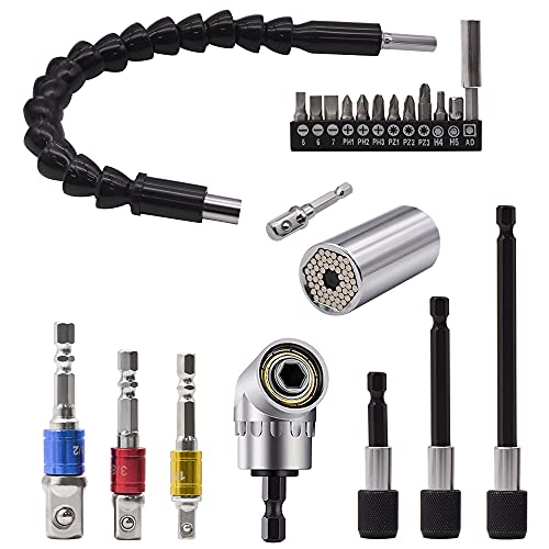 Flexible Drill Bit Extension Set & Universal Socket Tool, Bendable Drill Bit Extension, 3pcs Drill Bit Holder, 1/4 3/8 1/2" Universal Socket Adapter Set, 105Â° Right Angle Drill, Screwdriver Bit Kit