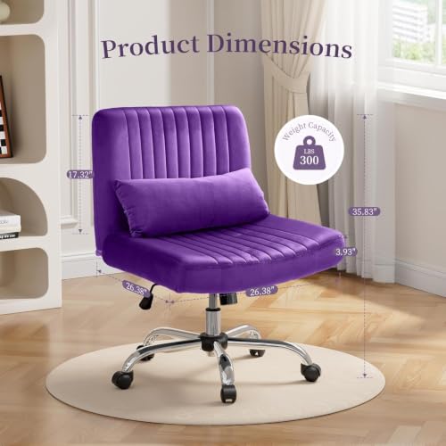 Image of Velvet Criss Cross Desk Chair with Wheels, Luxury Cross Legged Office Office, Swivel Wide Seat Vanity Chair, Armless Adjustable Height Gaming Chair Gift, Dusty (2, Purple)